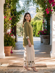 Olive Green Dip Dye Embroidered Sequin Work Co-Ord Set in Chinon
