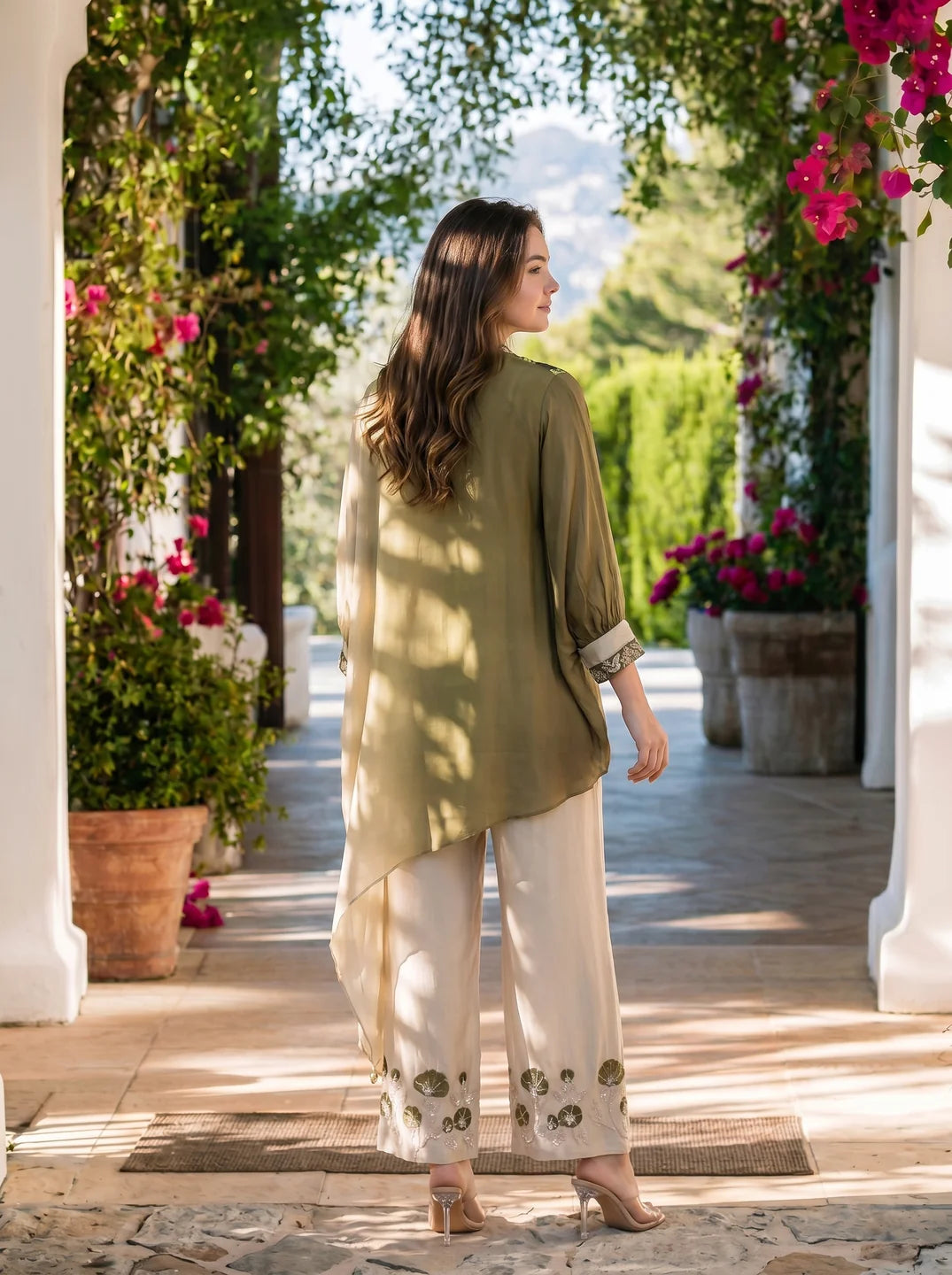 Olive Green Dip Dye Embroidered Sequin Work Co-Ord Set in Chinon