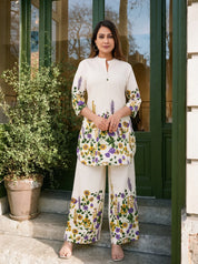 Cream Floral Placement Kurta & Wide-Leg Cotton Flex Co-ord Set