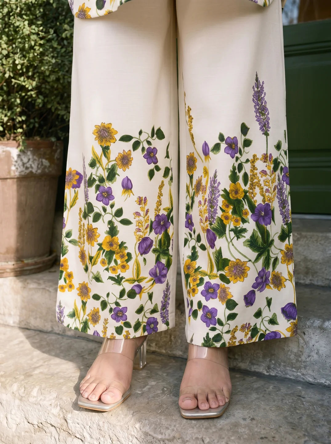 Cream Floral Placement Kurta & Wide-Leg Cotton Flex Co-ord Set