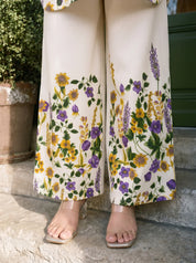 Cream Floral Placement Kurta & Wide-Leg Cotton Flex Co-ord Set