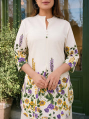 Cream Floral Placement Kurta & Wide-Leg Cotton Flex Co-ord Set