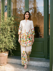 Cream Mandarin-Neck Kurta & Wide-Leg Floral Co-ord Set in Cotton Flex