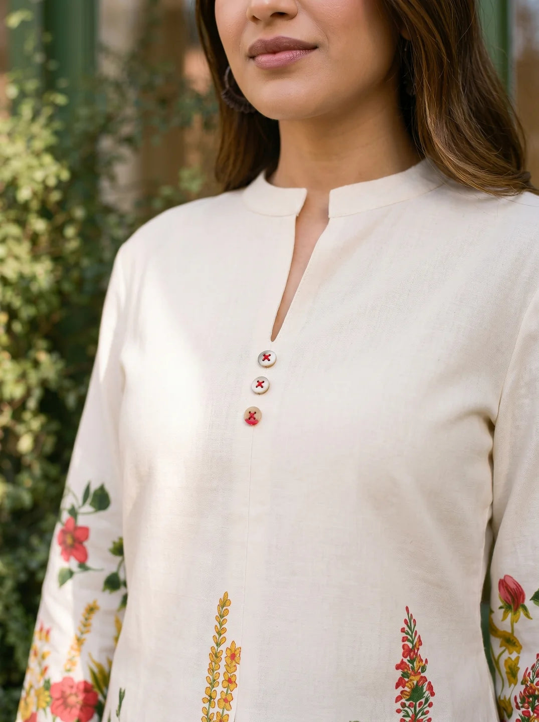 Cream Mandarin-Neck Kurta & Wide-Leg Floral Co-ord Set in Cotton Flex