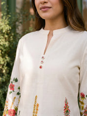 Cream Mandarin-Neck Kurta & Wide-Leg Floral Co-ord Set in Cotton Flex