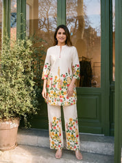Cream Mandarin-Neck Kurta & Wide-Leg Floral Co-ord Set in Cotton Flex