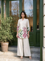 Cream Botanical Leaf Kurta & Wide-Leg Co-ord Set in Cotton Flex