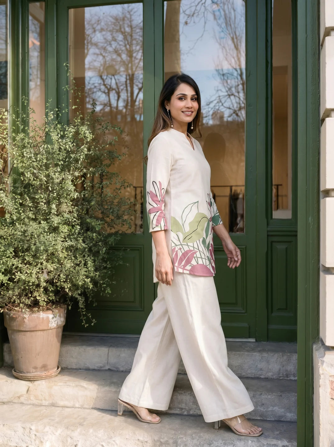 Cream Botanical Leaf Kurta & Wide-Leg Co-ord Set in Cotton Flex