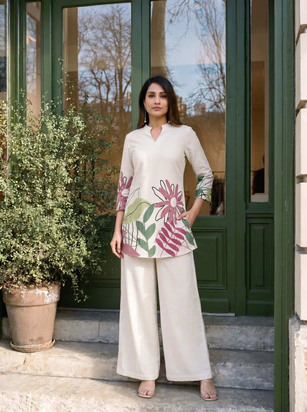 Cream Botanical Leaf Kurta & Wide-Leg Co-ord Set in Cotton Flex