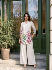 Cream Botanical Leaf Kurta & Wide-Leg Co-ord Set in Cotton Flex