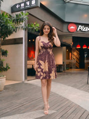 Deep Violet Strappy Floral Mini Dress in Cotton Cambric