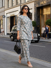 Grey Green Floral Print Co-ord Set in Cotton Cambric