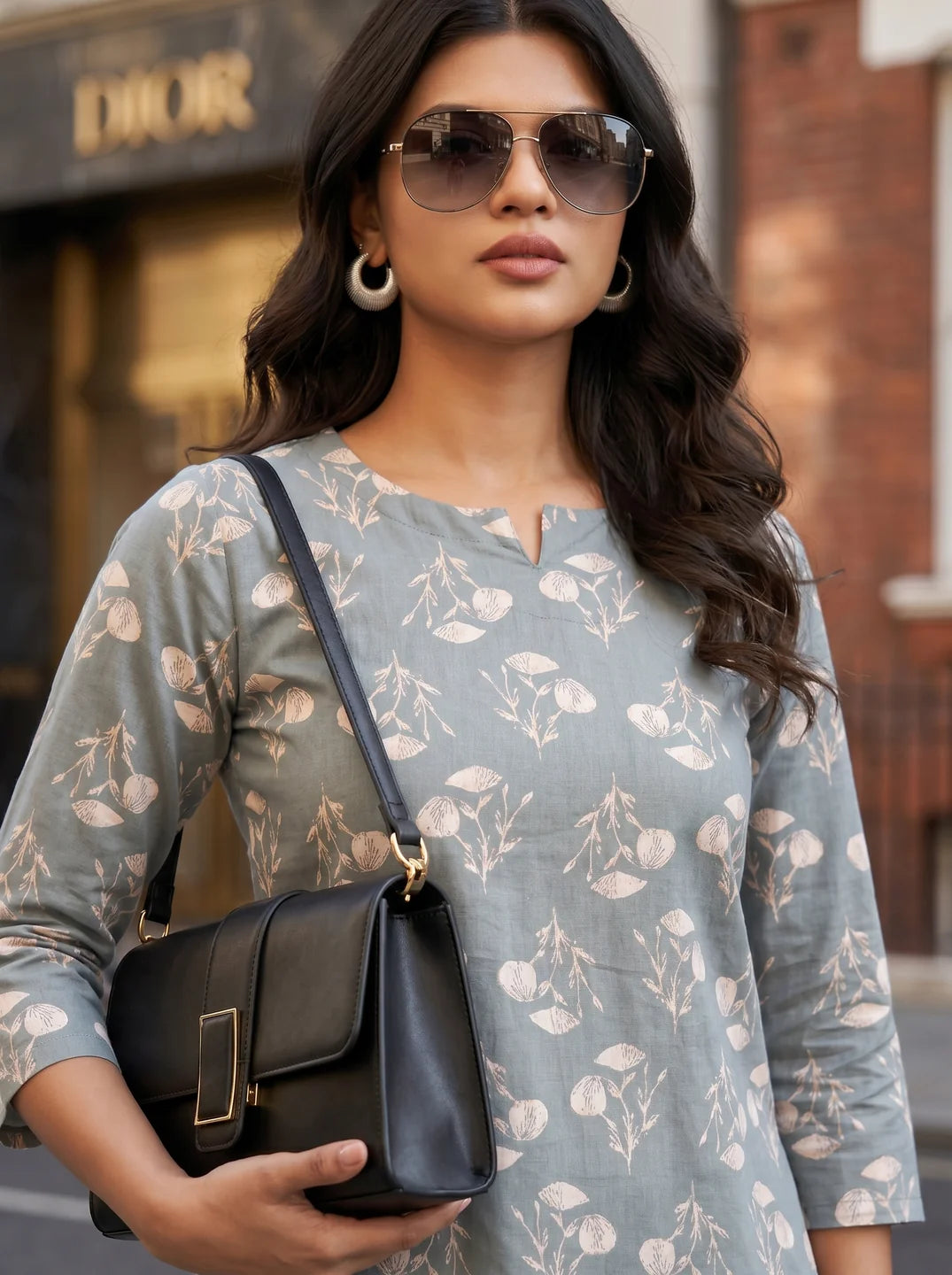 Grey Green Floral Print Co-ord Set in Cotton Cambric
