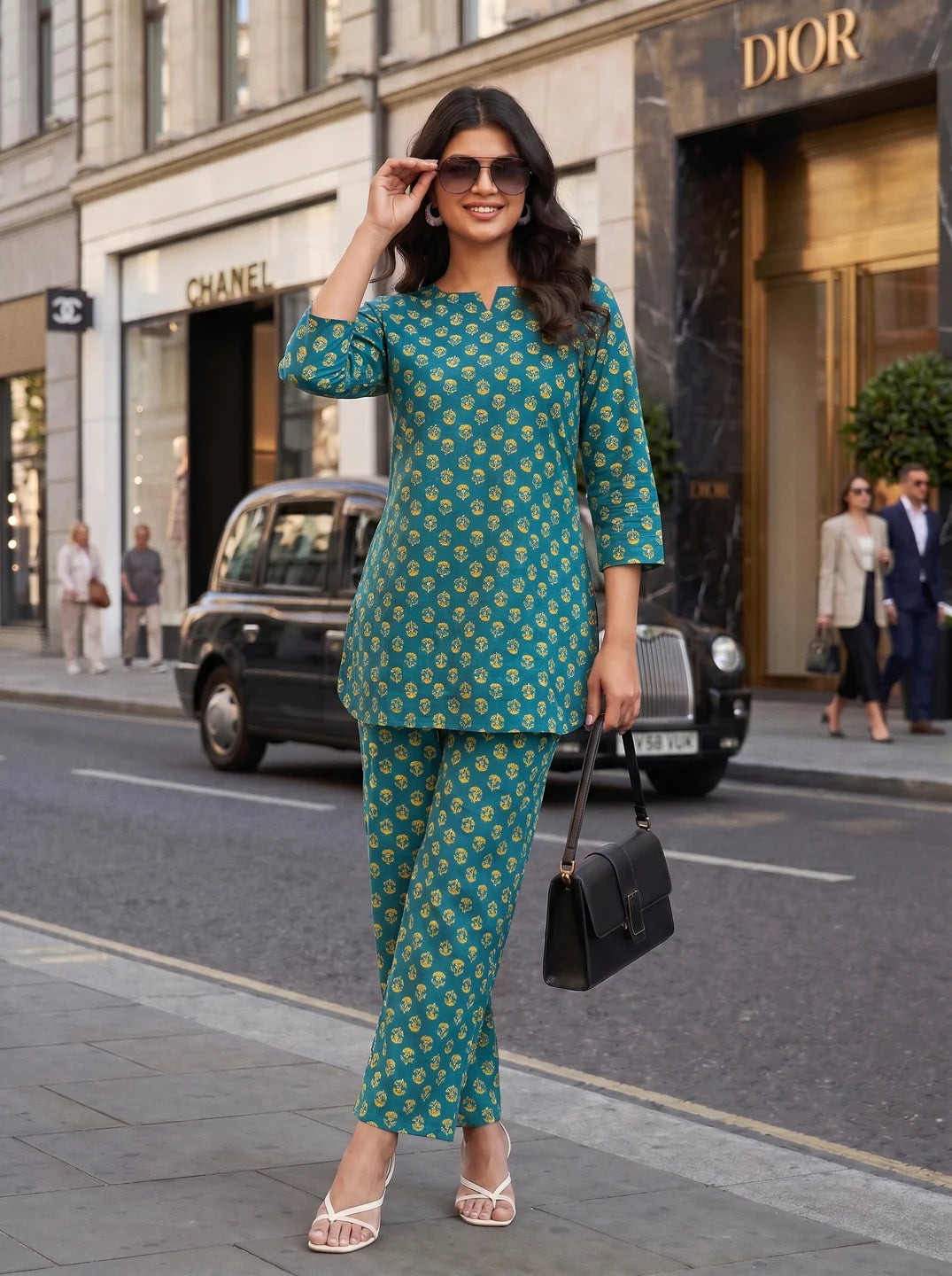 Green Floral Co-ord Set in Cotton Cambric