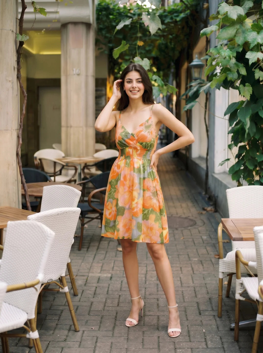 Orange Strappy Bold Floral Mini Dress in Cotton Cambric