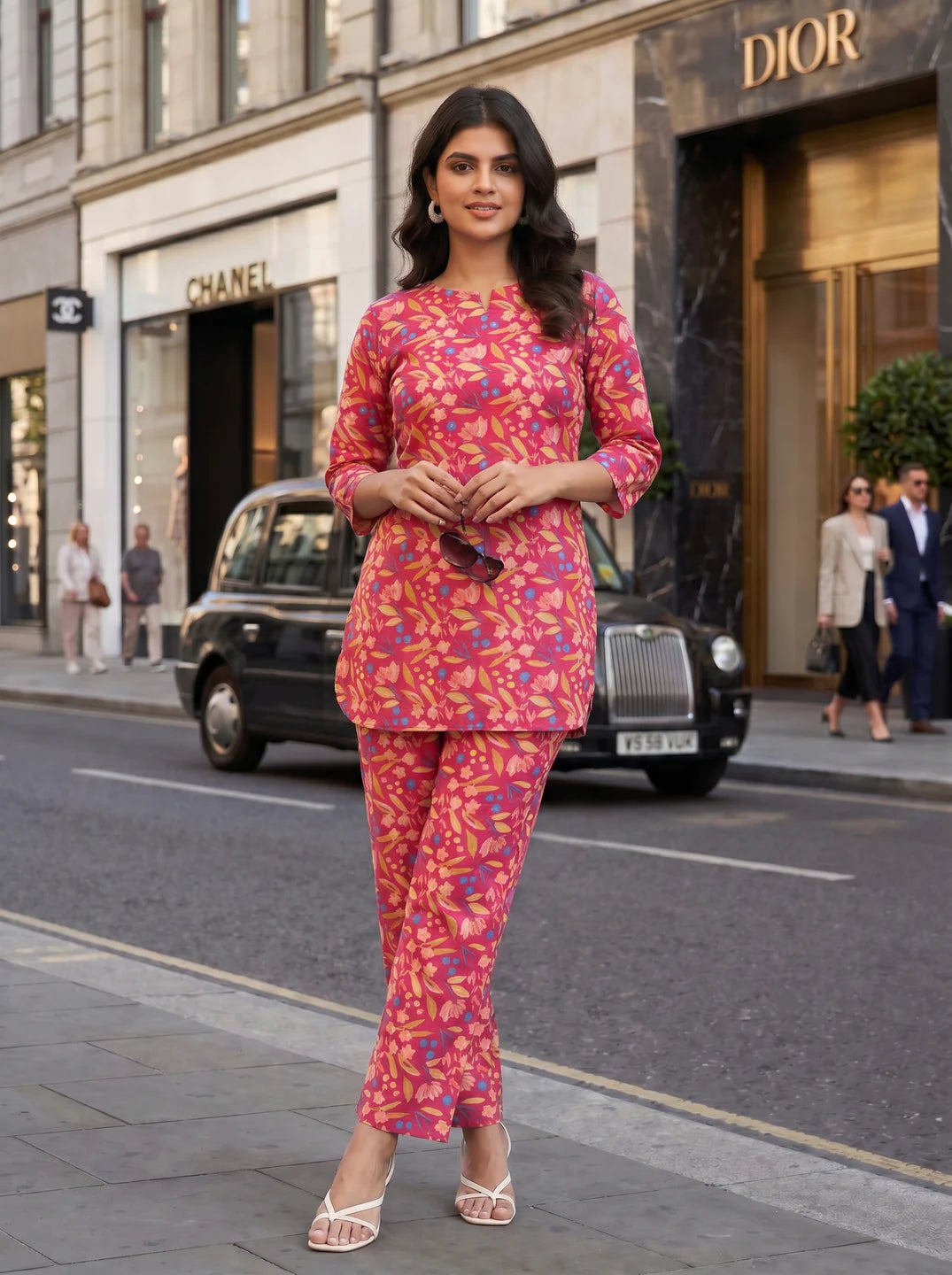 Raspberry Base Multicolor Floral Co-ord Set in Cotton Cambric