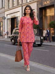 Raspberry Base Multicolor Floral Co-ord Set in Cotton Cambric
