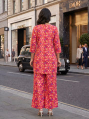 Raspberry Base Multicolor Floral Co-ord Set in Cotton Cambric
