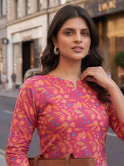 Raspberry Base Multicolor Floral Co-ord Set in Cotton Cambric