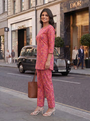 Raspberry Base Multicolor Floral Co-ord Set in Cotton Cambric