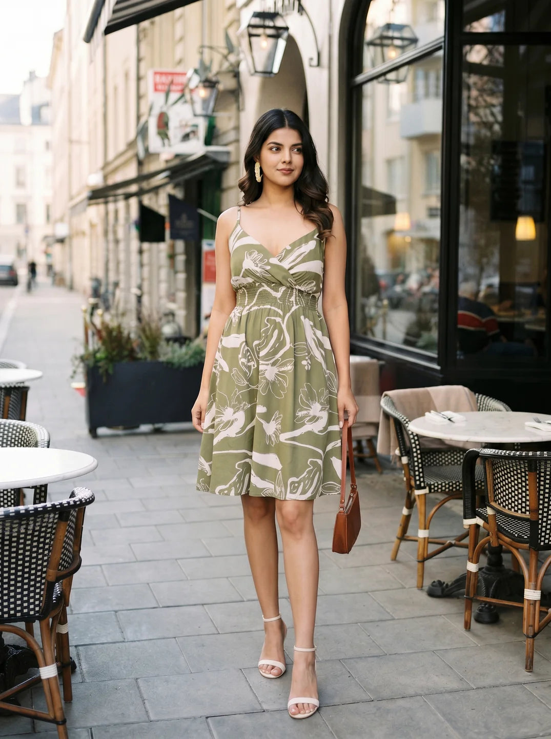 Fern Green Strappy Printed Mini Dress in Cotton Cambric