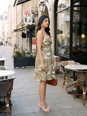 Fern Green Strappy Printed Mini Dress in Cotton Cambric