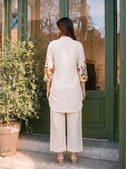 Cream Mandarin-Neck Kurta & Wide-Leg Floral Co-ord Set in Cotton Flex