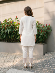 White Multicolor Floral Embroidered Co-ord Set in Roman Fabric