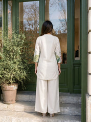 Cream Botanical Leaf Kurta & Wide-Leg Co-ord Set in Cotton Flex