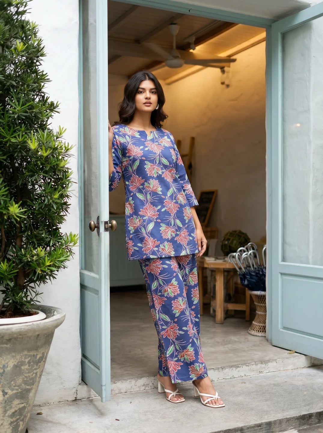 Navy Blue Floral Co-ord Set in Cotton Cambric