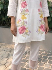 White Multicolor Floral Embroidered Co-ord Set in Roman Fabric