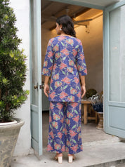 Navy Blue Floral Co-ord Set in Cotton Cambric