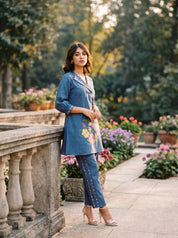 Steel Blue Multicolor Floral Embroidered Co-ord Set in Roman Fabric