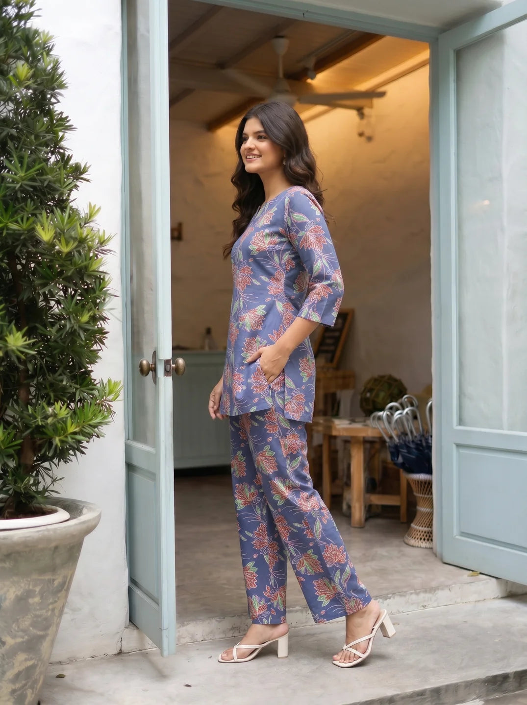 Navy Blue Floral Co-ord Set in Cotton Cambric