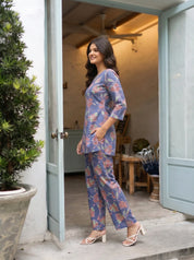 Navy Blue Floral Co-ord Set in Cotton Cambric