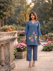 Steel Blue Multicolor Floral Embroidered Co-ord Set in Roman Fabric