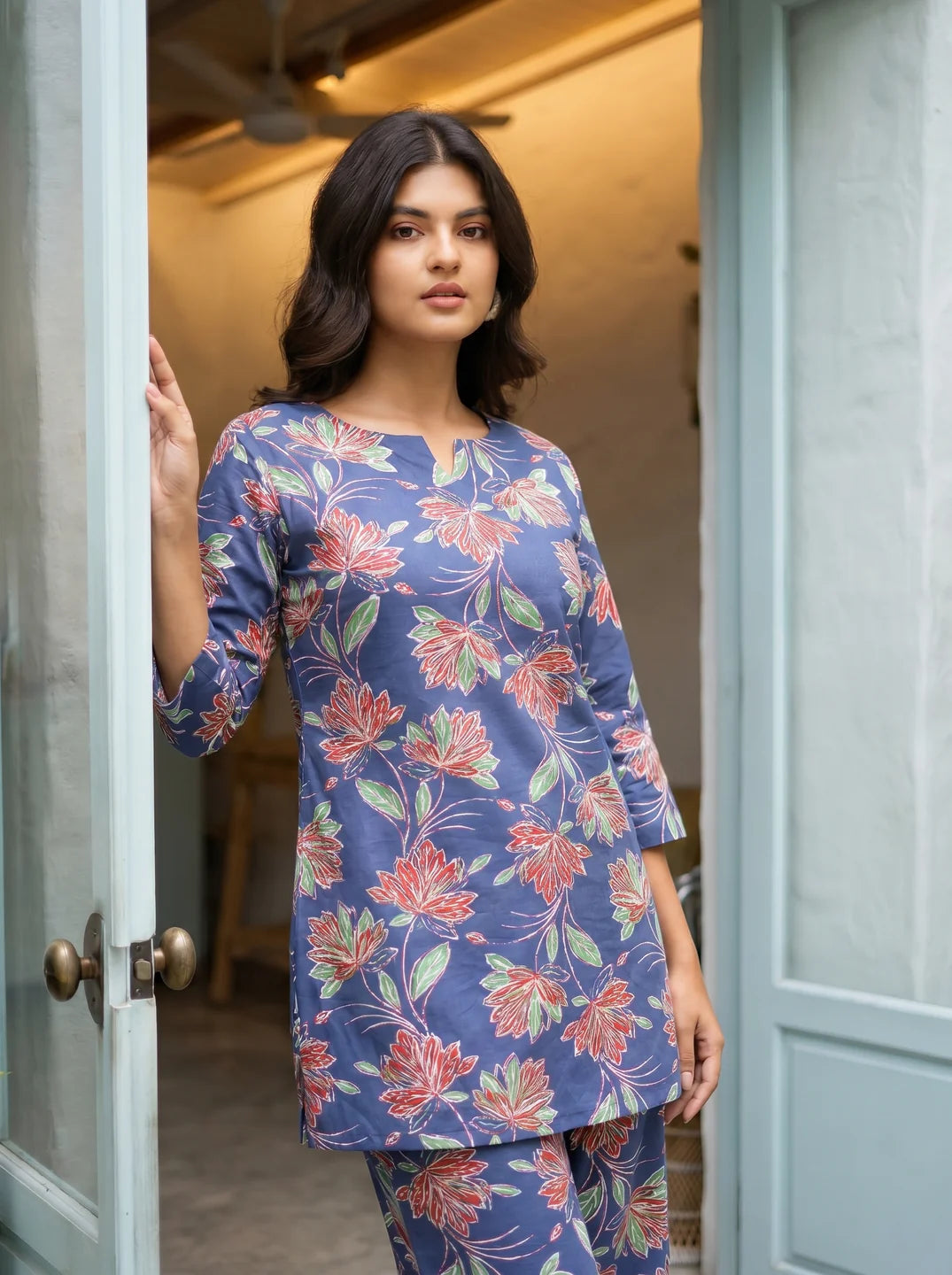 Navy Blue Floral Co-ord Set in Cotton Cambric