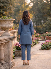 Steel Blue Multicolor Floral Embroidered Co-ord Set in Roman Fabric