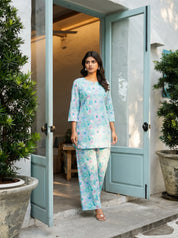 Seafoam Pearl Base Multi Color Floral Cotton Cambric Co-ord Set