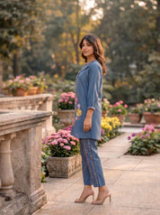 Steel Blue Multicolor Floral Embroidered Co-ord Set in Roman Fabric