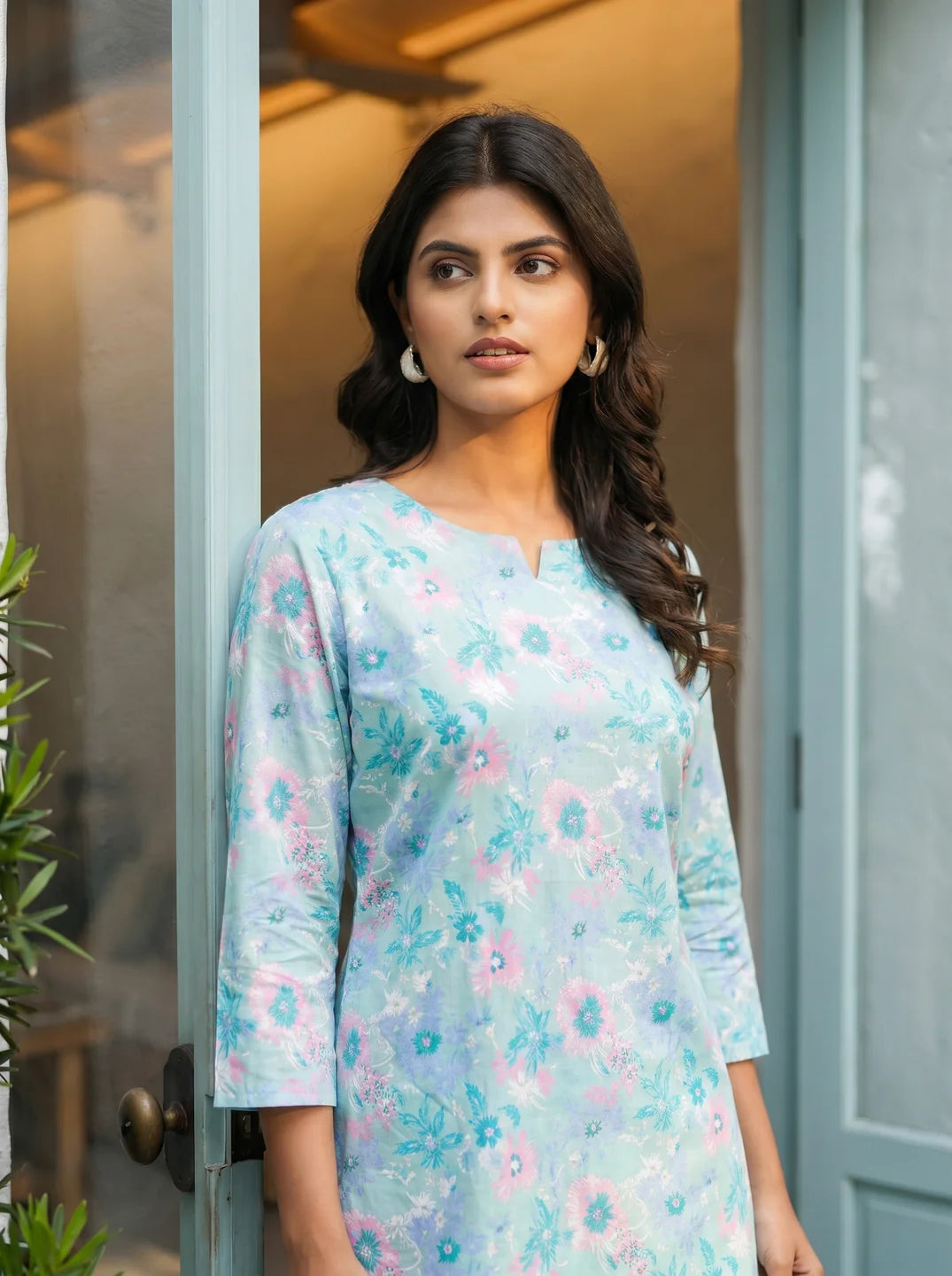Seafoam Pearl Base Multi Color Floral Cotton Cambric Co-ord Set