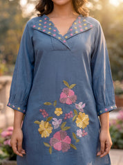 Steel Blue Multicolor Floral Embroidered Co-ord Set in Roman Fabric