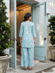 Seafoam Pearl Base Multi Color Floral Cotton Cambric Co-ord Set
