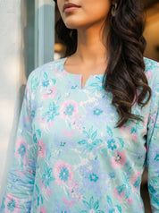 Seafoam Pearl Base Multi Color Floral Cotton Cambric Co-ord Set
