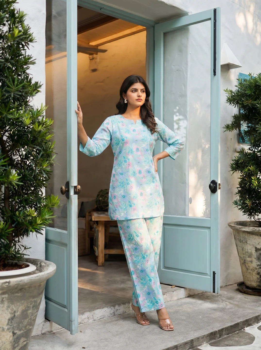 Seafoam Pearl Base Multi Color Floral Cotton Cambric Co-ord Set
