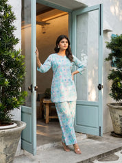 Seafoam Pearl Base Multi Color Floral Cotton Cambric Co-ord Set