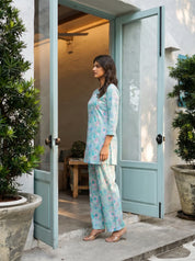 Seafoam Pearl Base Multi Color Floral Cotton Cambric Co-ord Set