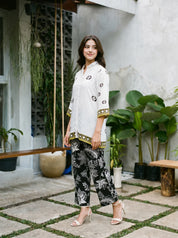 White-Yellow Salli Work Border Print Co-ord Set in Muslin