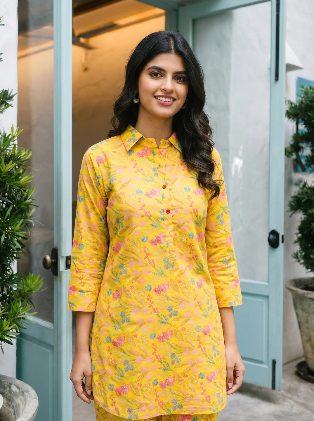 Conjunto coordinado de algodón cambray color amarillo mostaza con cuello camisero floral multicolor