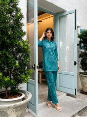 Dark Green Leaf Print Shirt Collar Cotton Cambric Co-ord Set